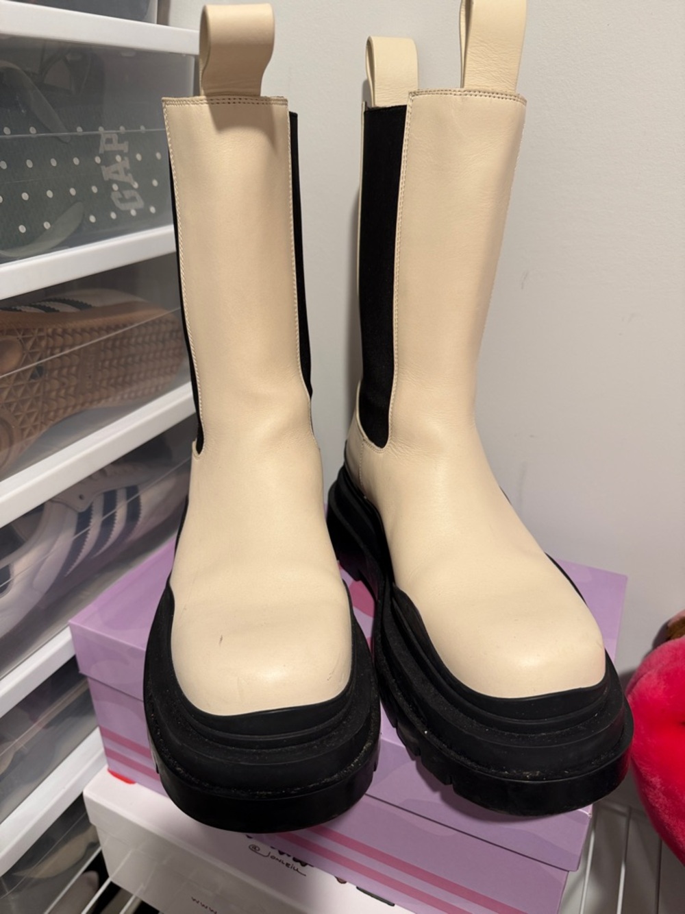 Bottega Veneta Cream and Black Platform Chelsea Boots